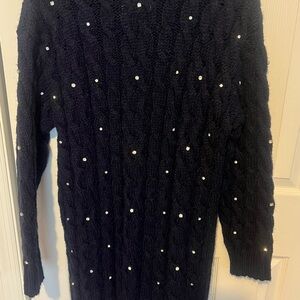 Navy Knit Sweater dress with Rhinestone Accents